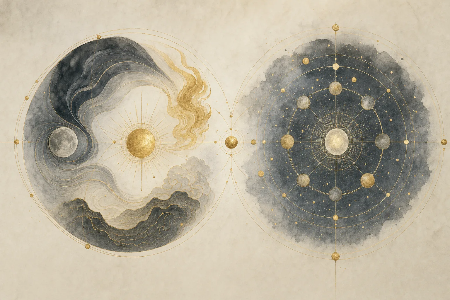 Two celestial diagrams facing each other — a five-element current and a zodiac wheel — as two lenses