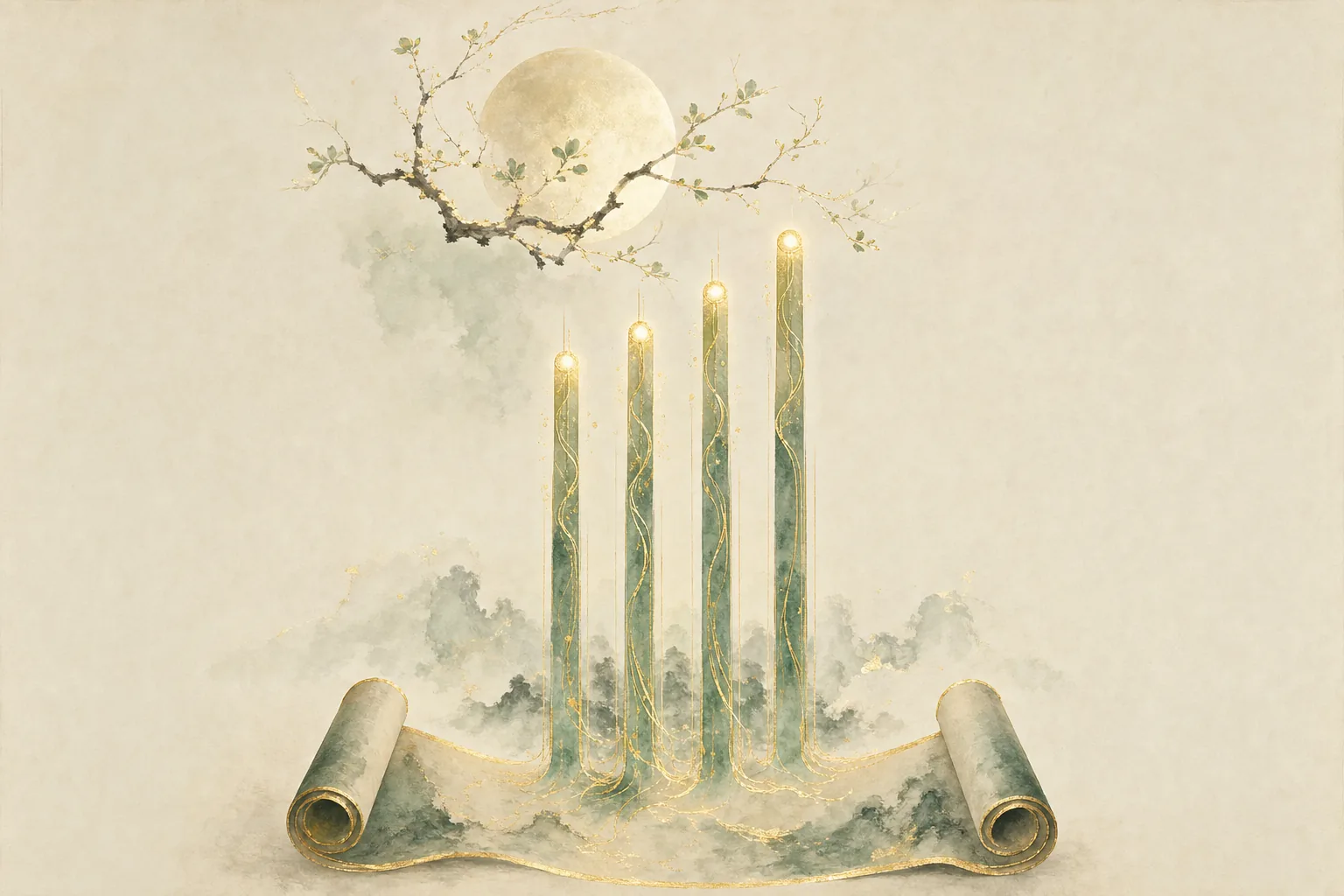 Four pillars of light rising from an open scroll beneath a moon — an ink-wash evocation of a saju chart