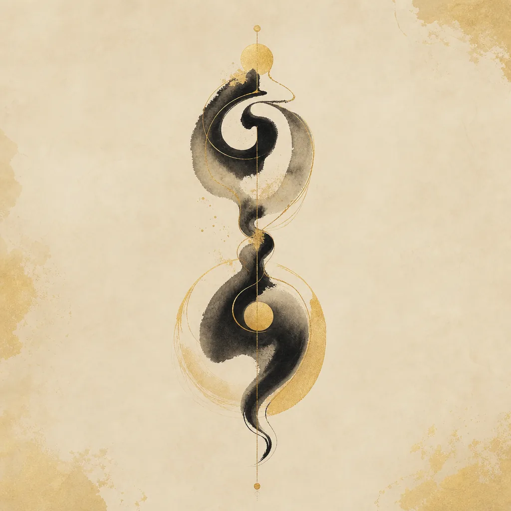 Two ink glyph-forms stacked into one pillar — a heavenly stem above an earthly branch