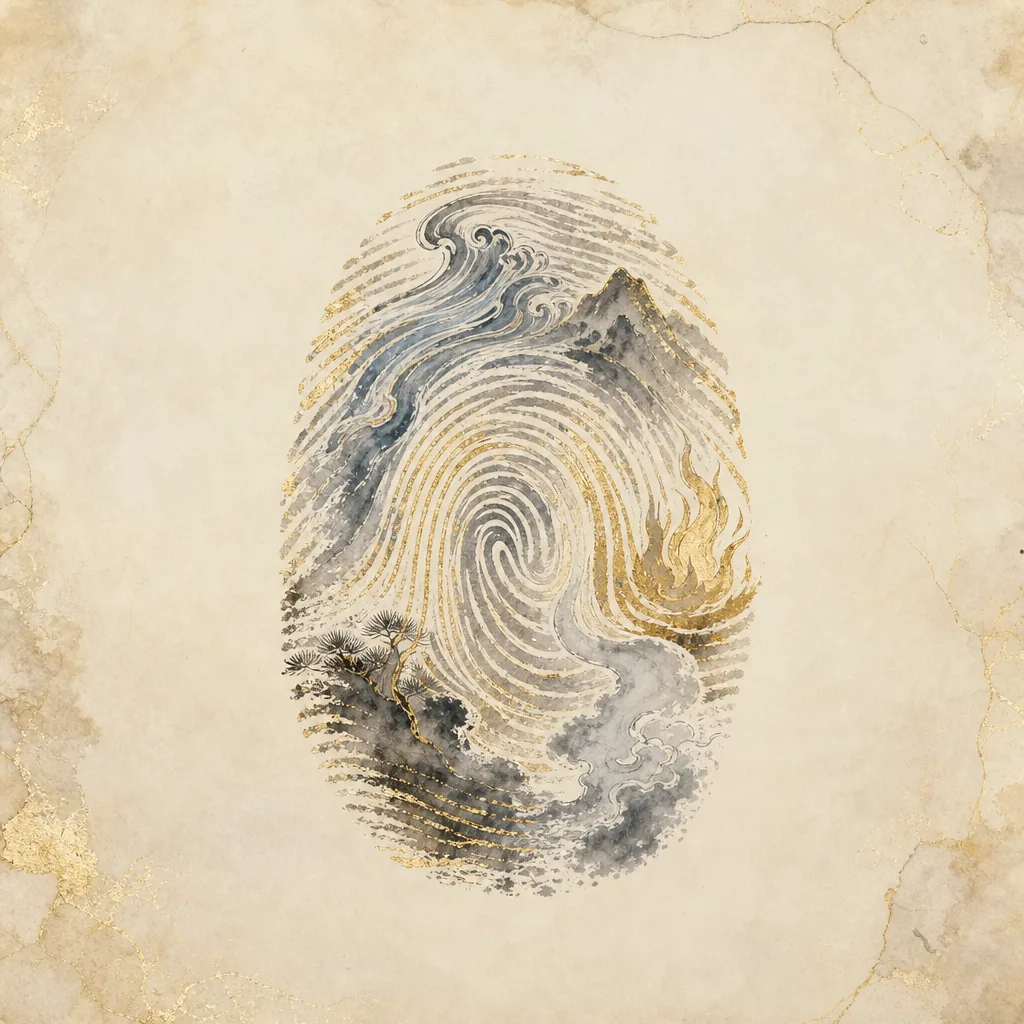 A fingerprint whose ridges are drawn from five interwoven elemental ink strokes — singular and unique